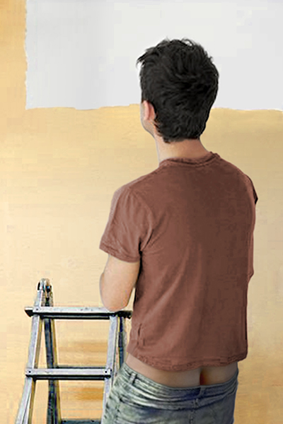 The laborer with his pants sagging and buttcrack exposed painting the wall.